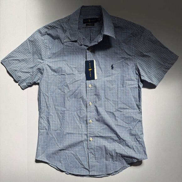 Ralph Lauren Short Sleeve Blue Plaid Button Down Size Medium NWT - Picture 2 of 8